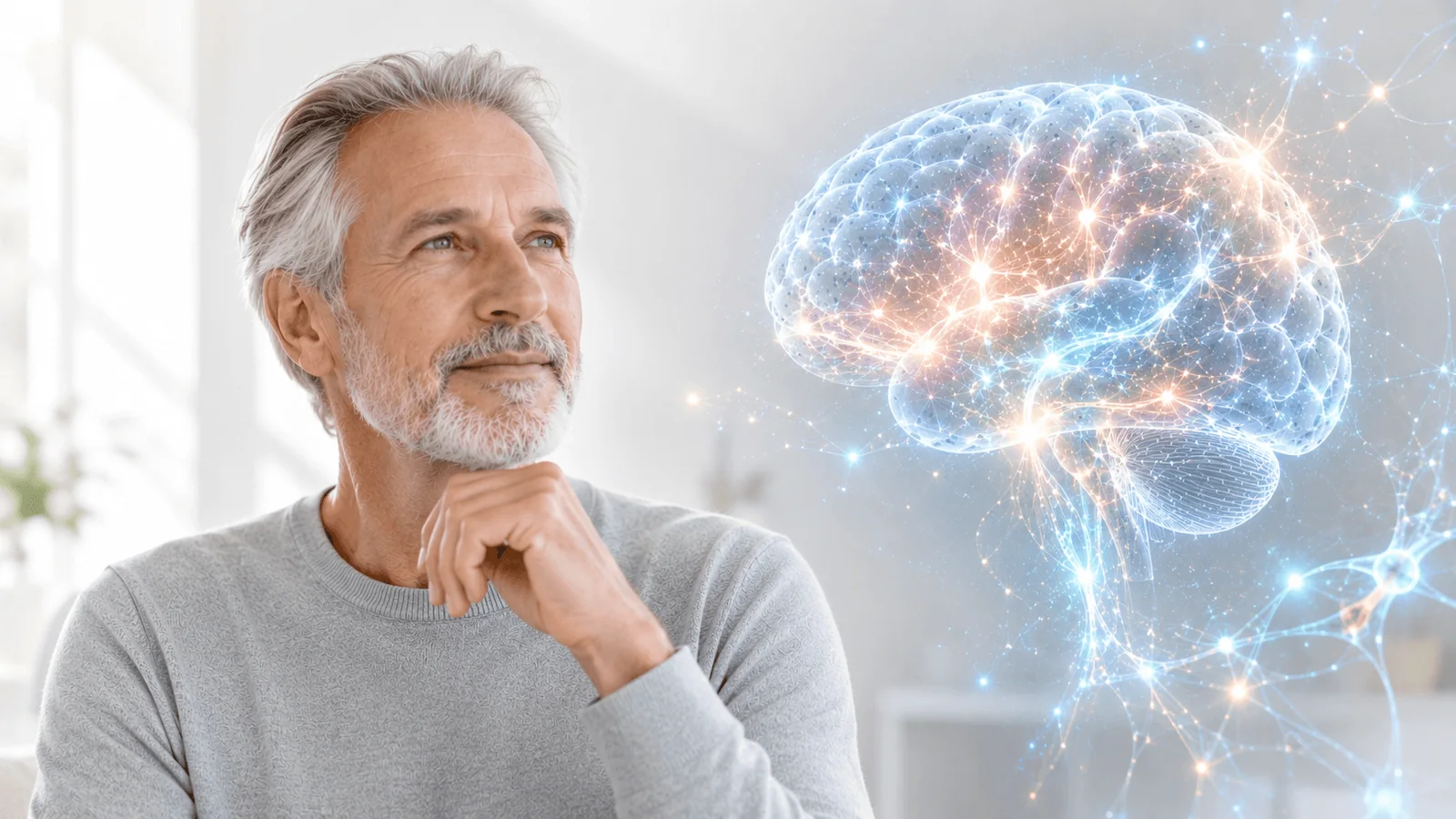 Conceptual visualization of an older adult and a networked brain